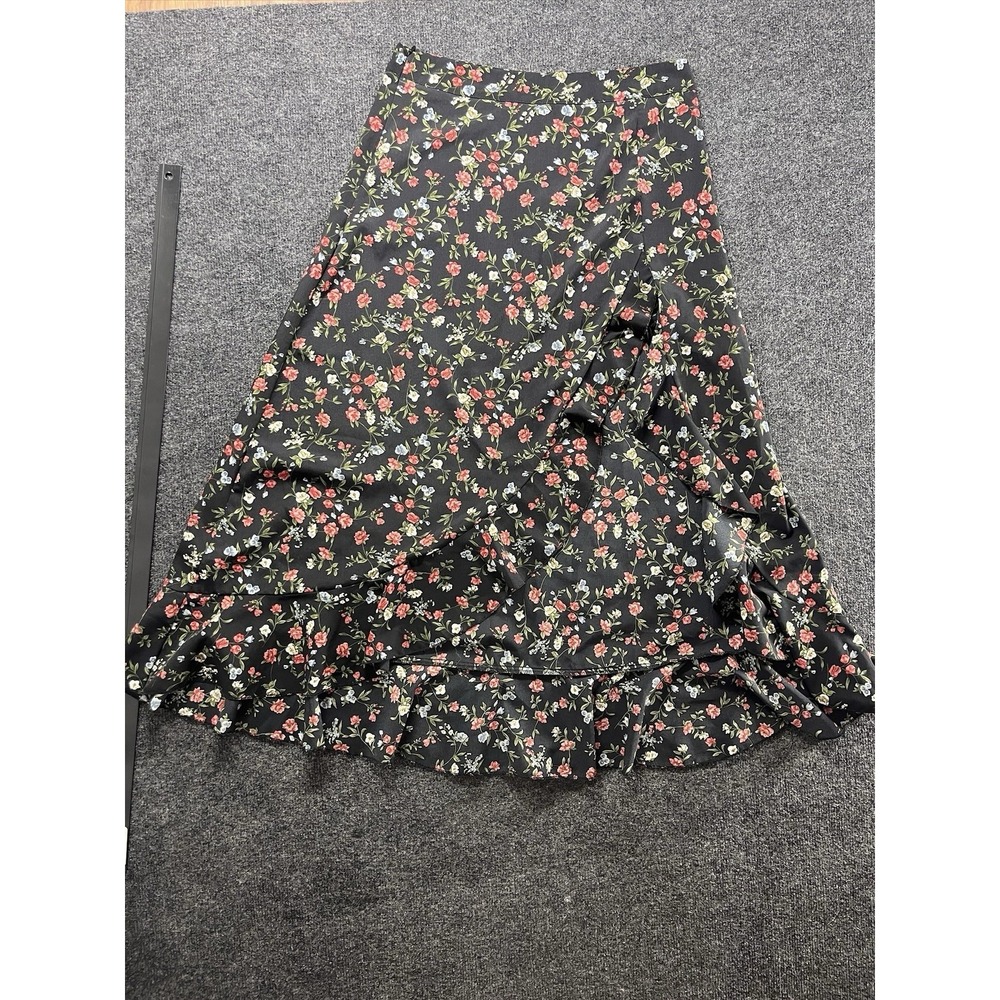 Womens Skirt Large Black Ditsy Floral Ruffle Fairy Asymmetric Ruffle Cottagecore